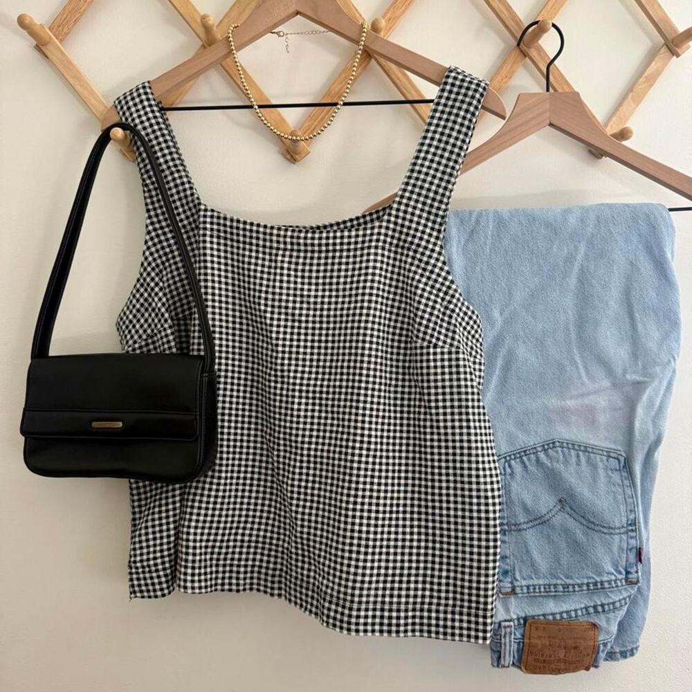 Black white gingham Linen Blend Cottagecore Tank